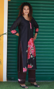 Deep Black Dessert Rose Chanderi Silk Kurta Set