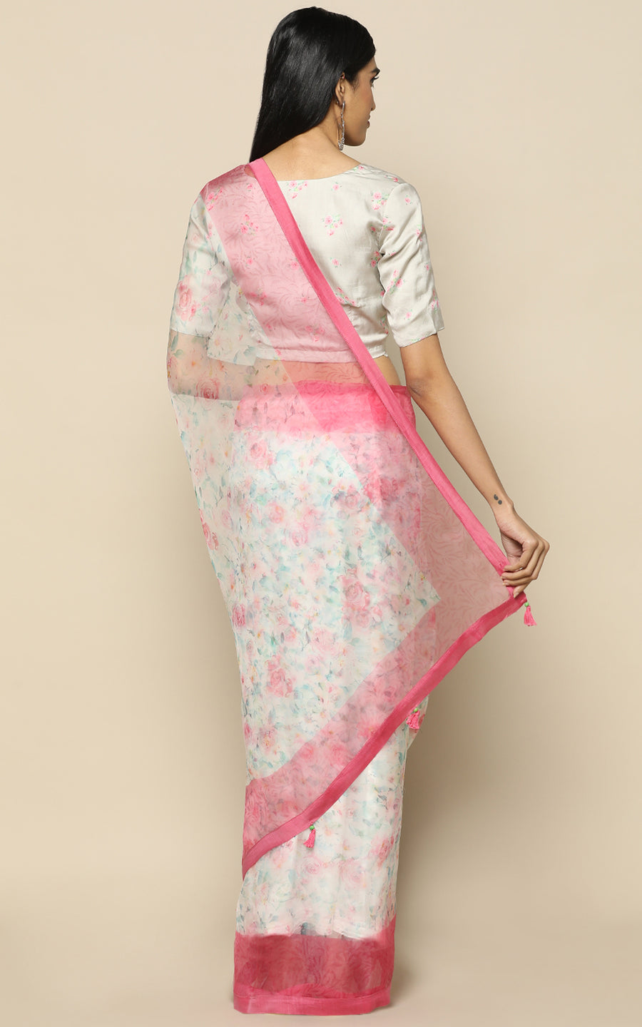 IVORY ORGANZA SILK SAREE WITH PRINTED FLOWERS IN PASTELS WITH PINK BORDER