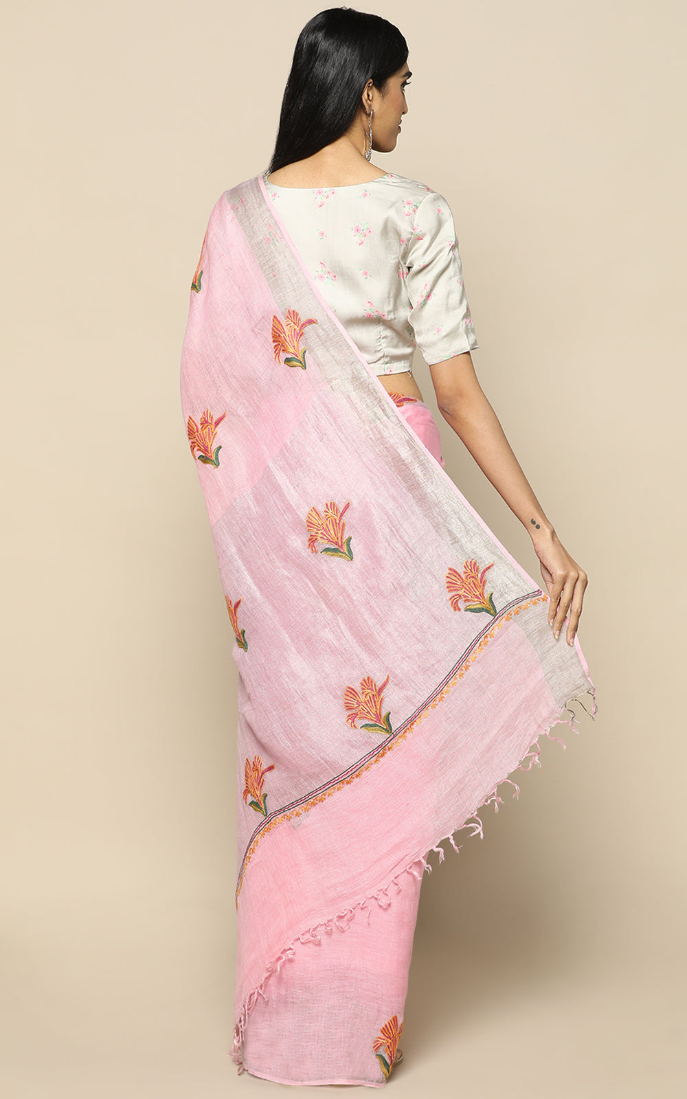 PASTEL PINK LINEN SAREE WITH KASHMIRI HAND EMBROIDERY