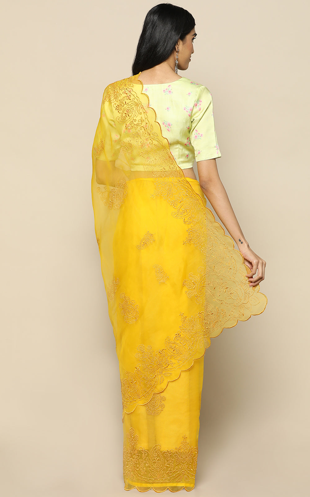 FRESH LIME YELLOW ORGANZA SILK SAREE WITH EMBROIDERY
