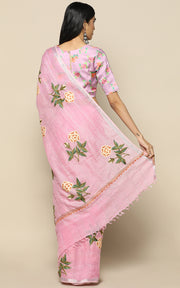 PINK LINEN SAREE WITH KASHMIRI HAND EMBROIDERY