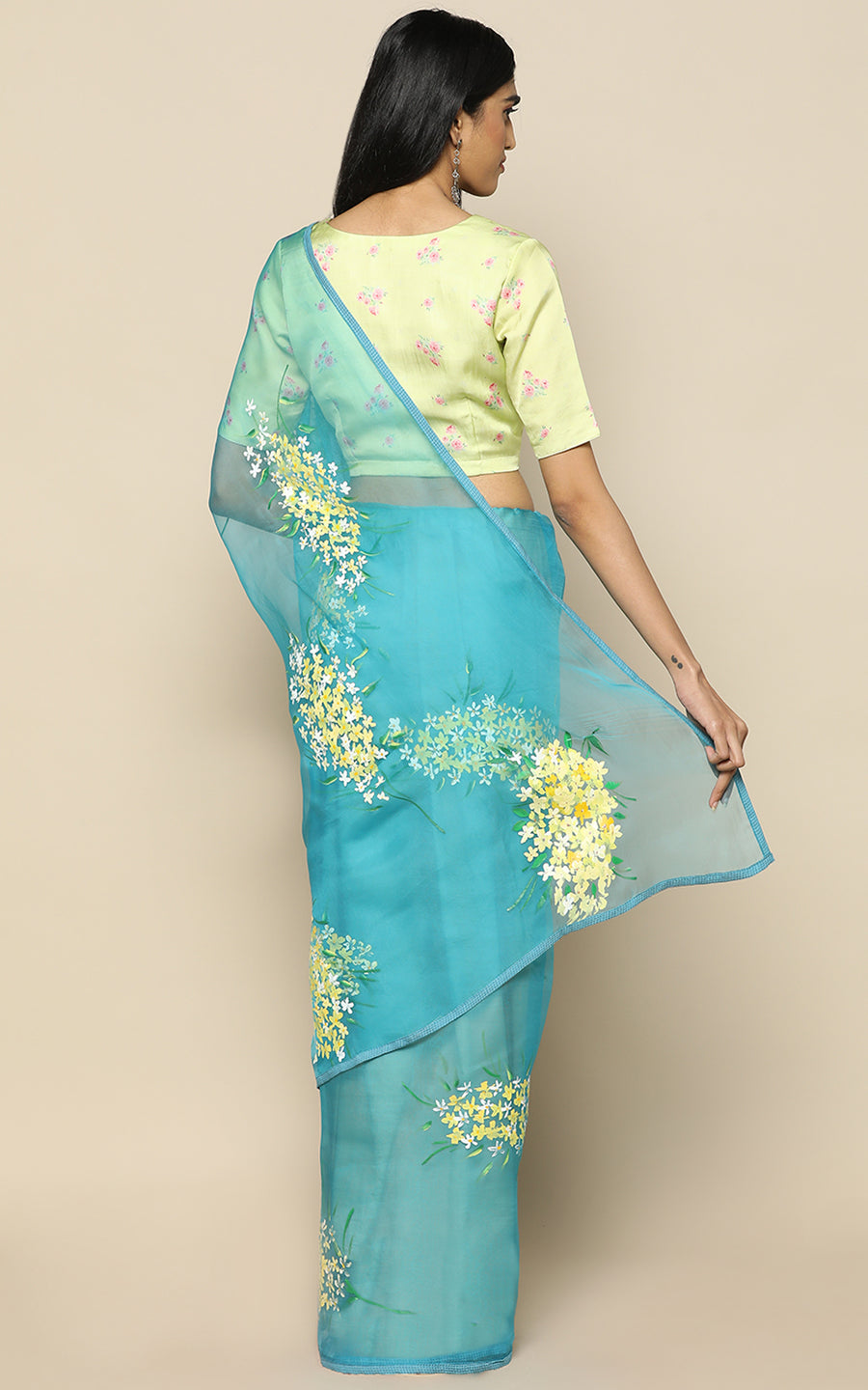 TURQUOISE BLUE ORGANZA SILK SAREE WITH HAND PAINTED FLOWERS
