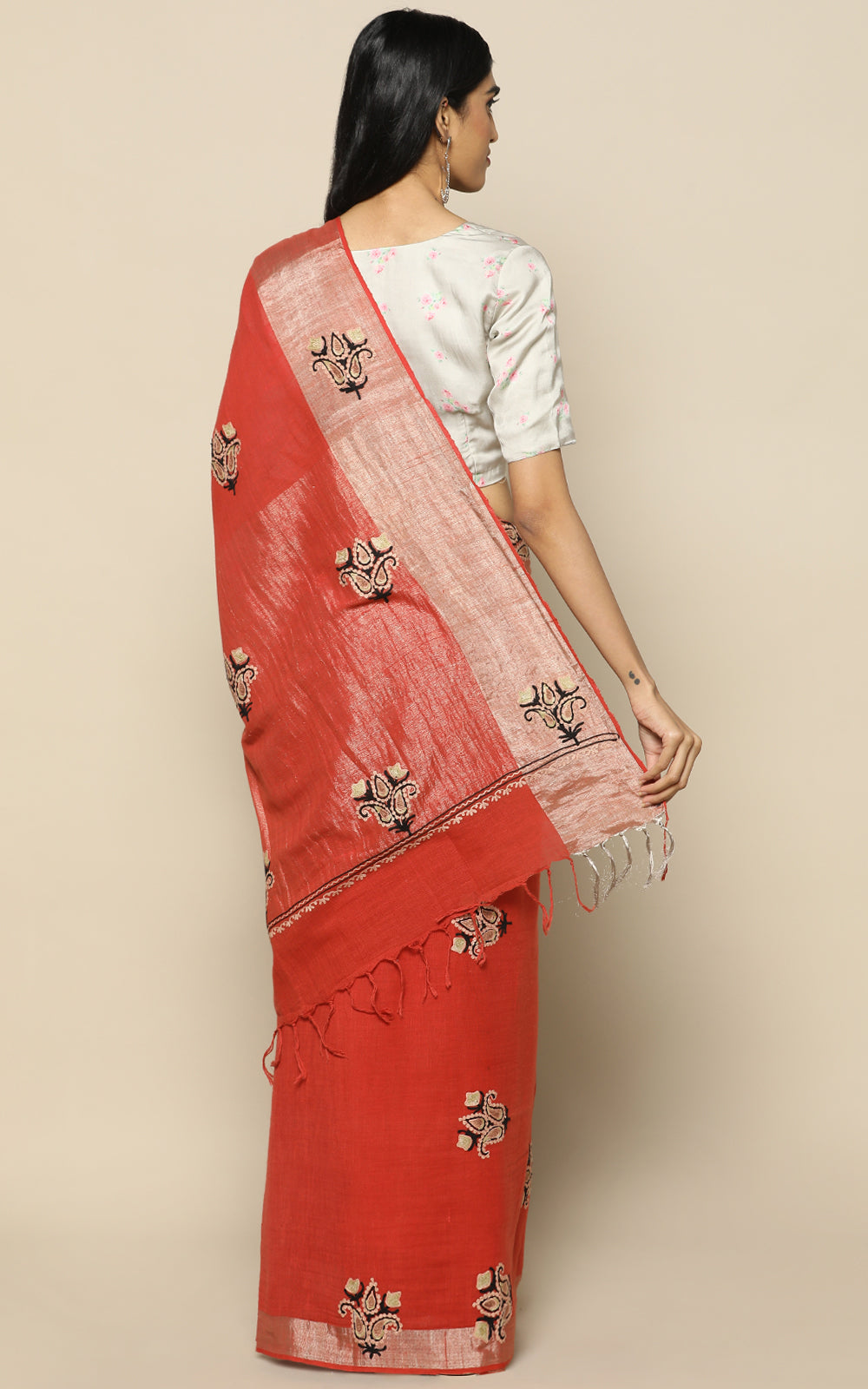 BRICK RED COTTON SAREE WITH KASHMIRI HAND EMBROIDERY