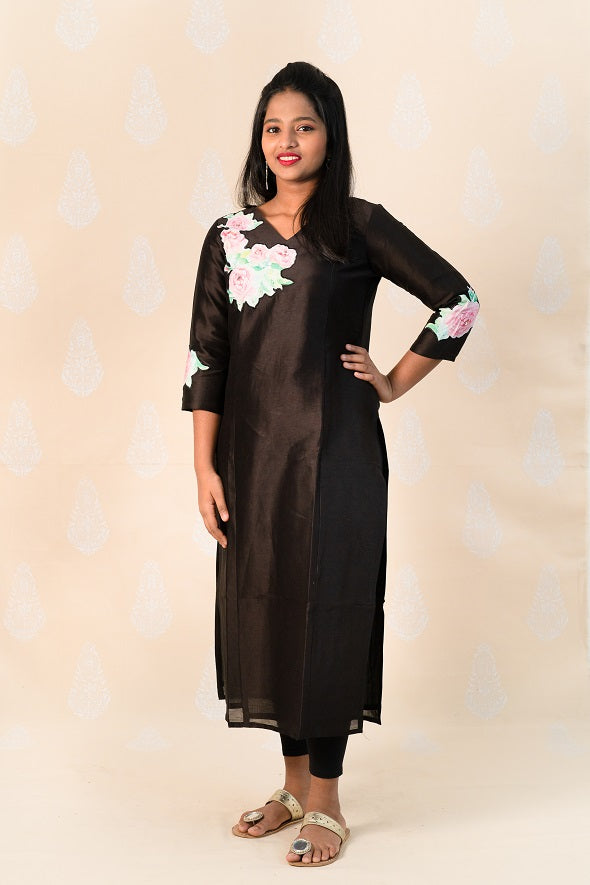 Long Black Chanderi Silk Kurta with English Roses - Tina Eapen Design Studio