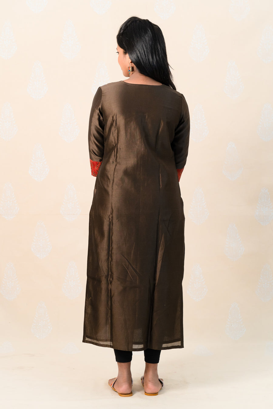 Long Earth Brown Chanderi Silk Kurta with Ajrakh - Tina Eapen Design Studio