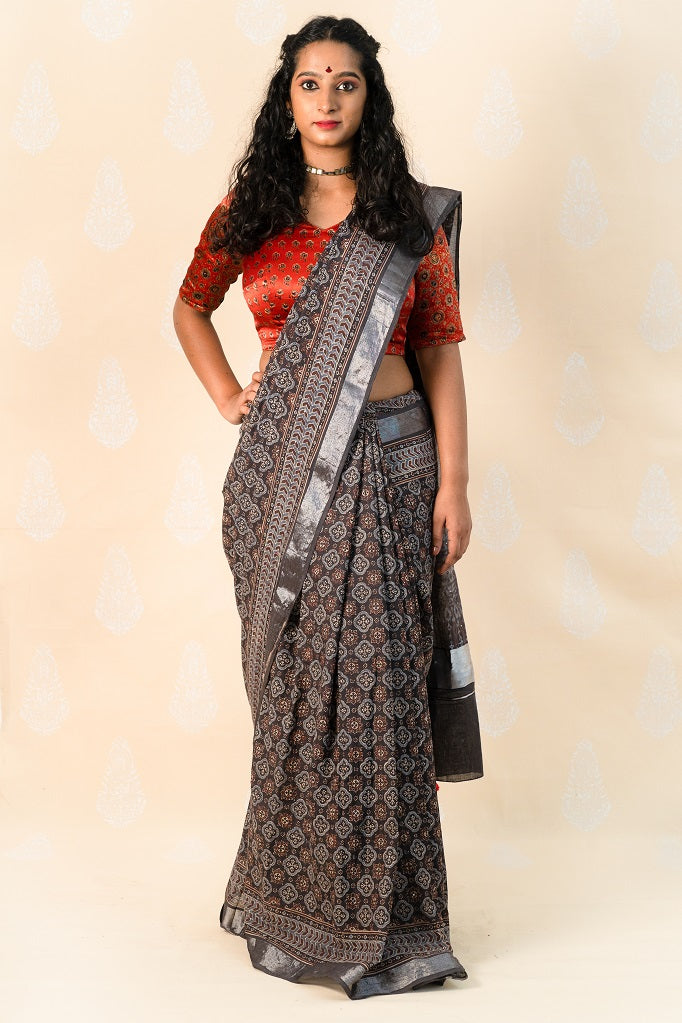 Black handloom cotton saree with Ajrakh print - Tina Eapen Design Studio
