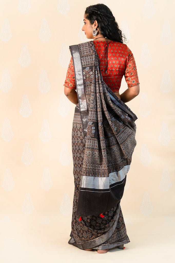 Black handloom cotton saree with Ajrakh print - Tina Eapen Design Studio