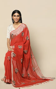 BRICK RED COTTON SAREE WITH KASHMIRI HAND EMBROIDERY