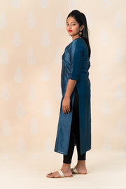 Long Indigo Chanderi Silk Kurta with Ajrakh - Tina Eapen Design Studio