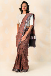 Madder Handloom cotton saree with Ajrakh print - Tina Eapen Design Studio