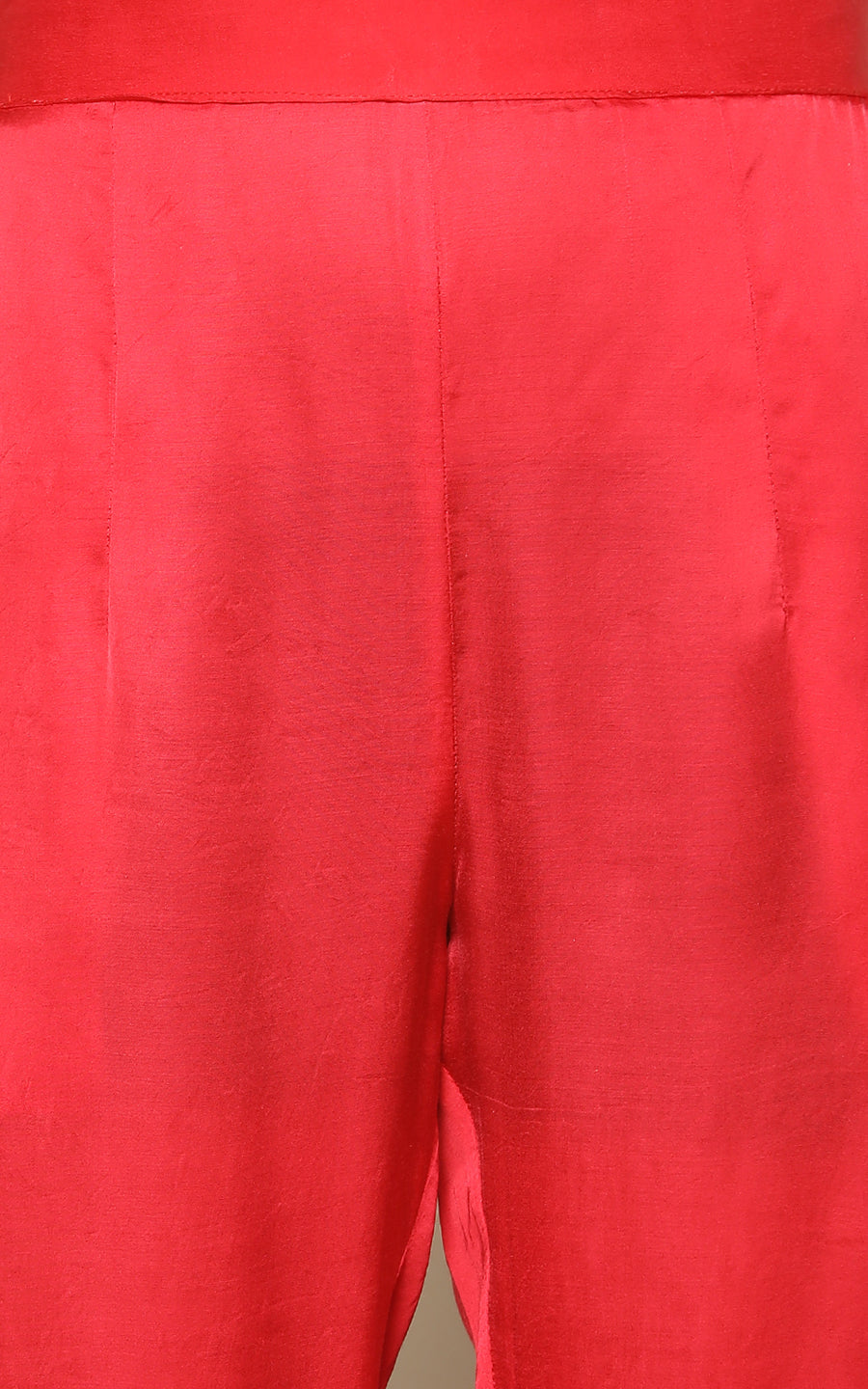 RED MODAL SILK KURTHA WITH PANTS AND PRINTED CHIFFON DUPATTA