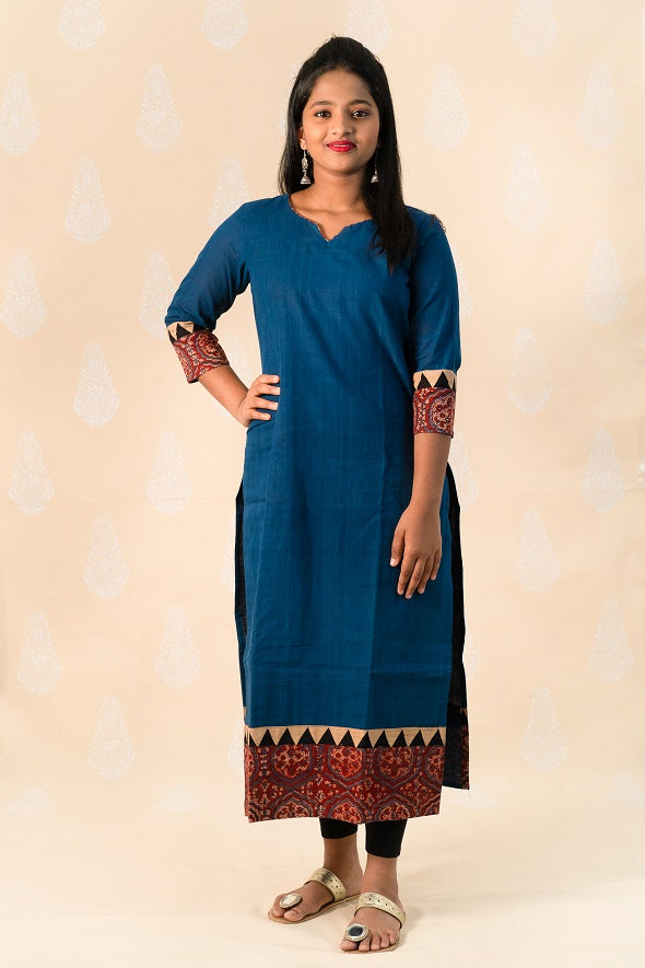 Long Blue Malka Cotton Kurta with Ajrakh - Tina Eapen Design Studio