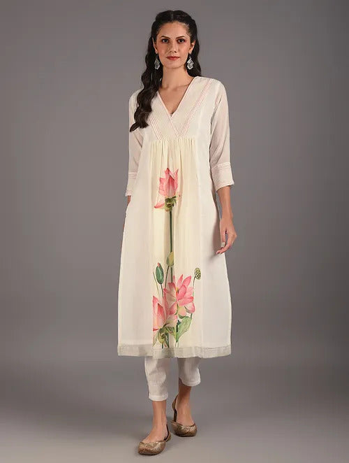 IVORY  BLOOMED LOTUS COTTON KURTA