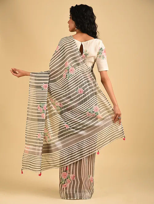 DEEP GREY AND IVORY STRIPED COTTON SAREE WITH ROSE CLUSTERS
