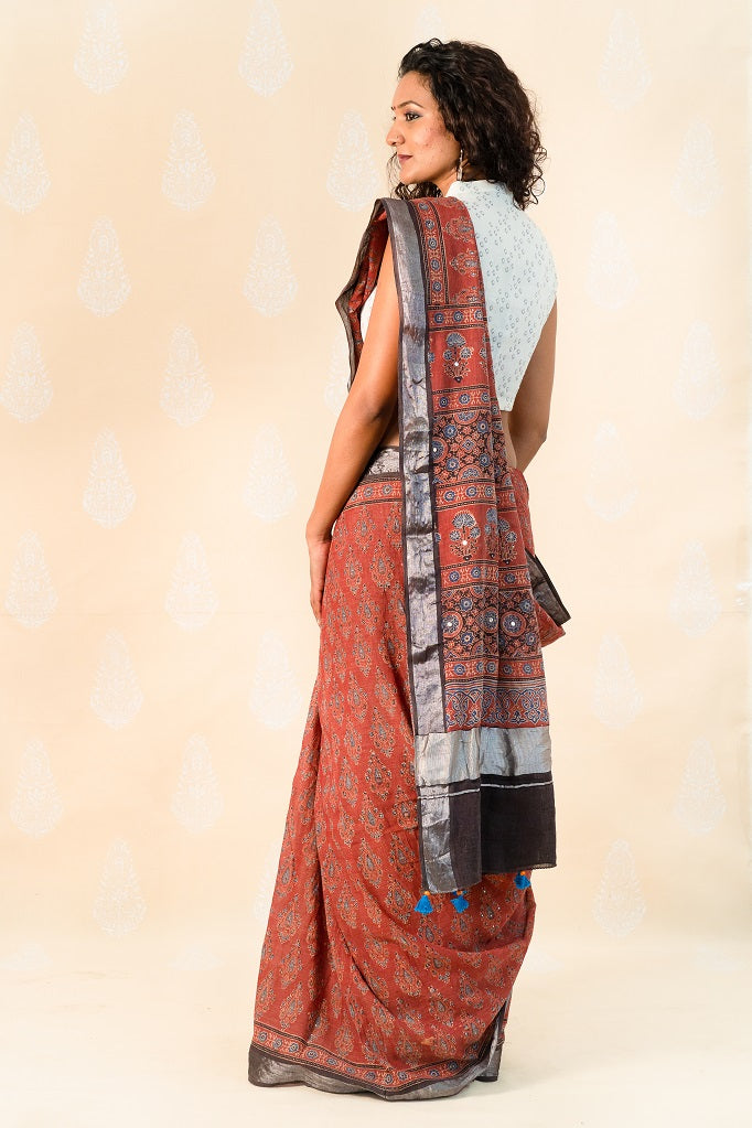 Corel Handloom Cotton Saree with Ajrakh Prints - Tina Eapen Design Studio