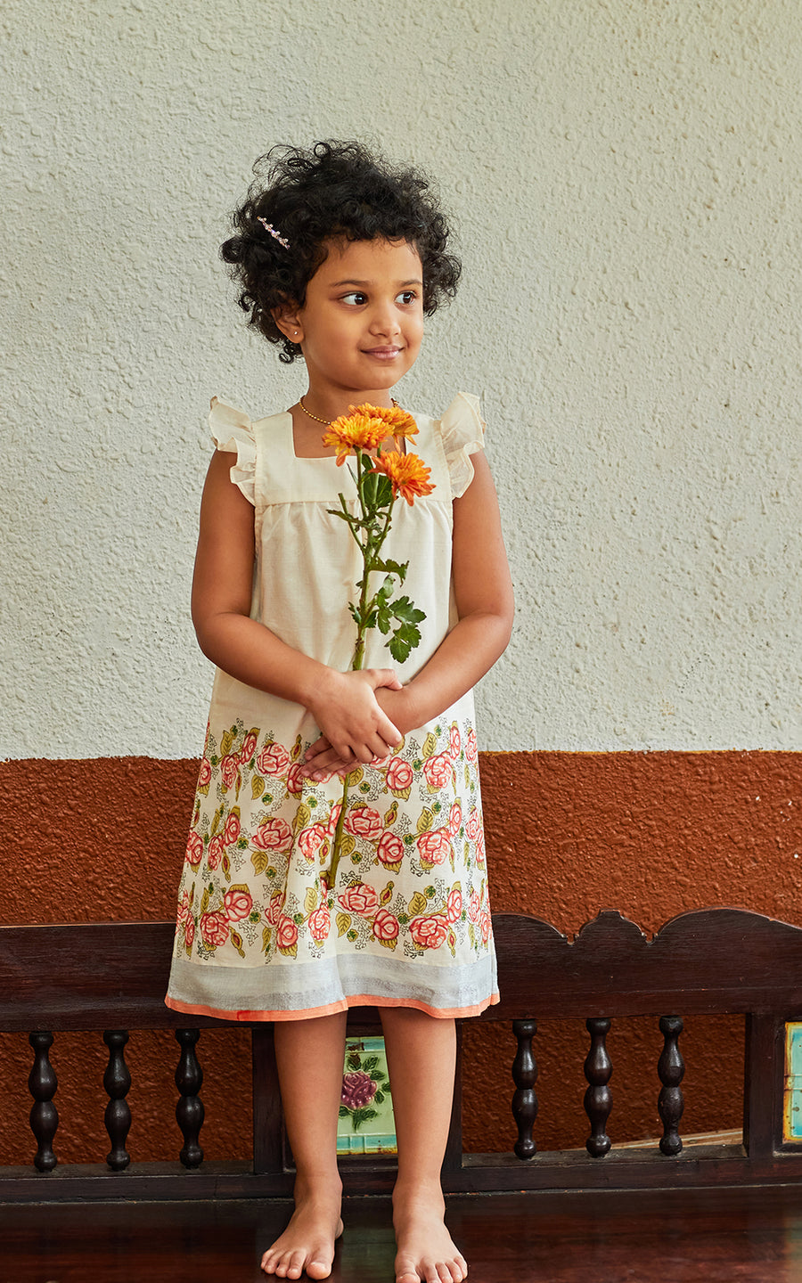 A CLASSIC KASAVU COTTON HAND BLOCK PRINTED  COMFORTABLE DRESS WITH RUFFLED SLEEVES