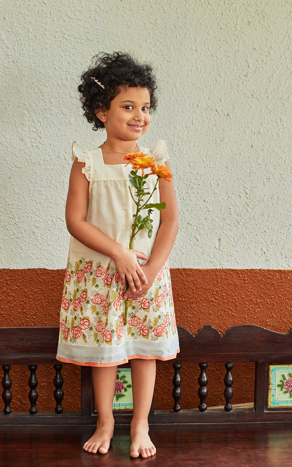A CLASSIC KASAVU COTTON HAND BLOCK PRINTED  COMFORTABLE DRESS WITH RUFFLED SLEEVES