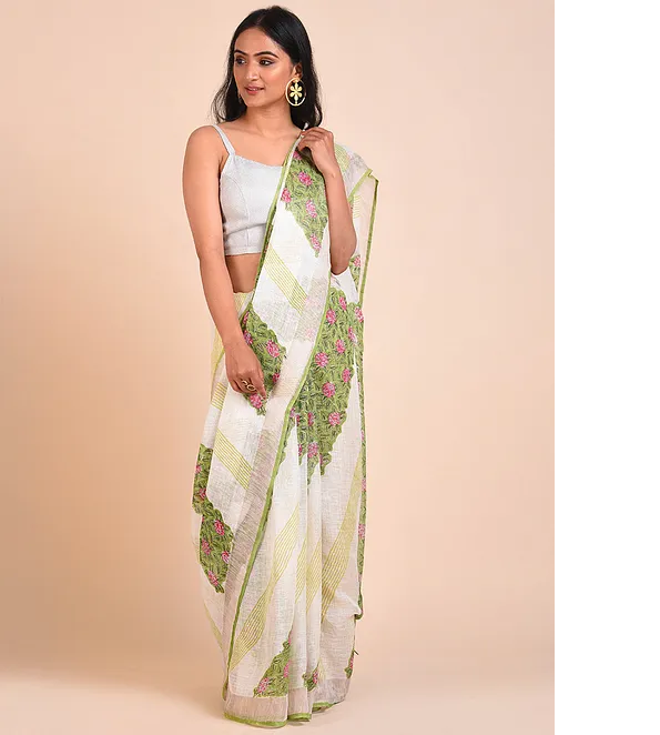 PALE YELLOW HANDWOVEN LINEN SAREE WITH HAND BLOCK PRINTS
