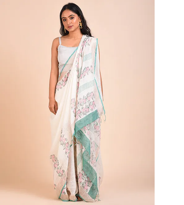 Off white linen saree with hand block print